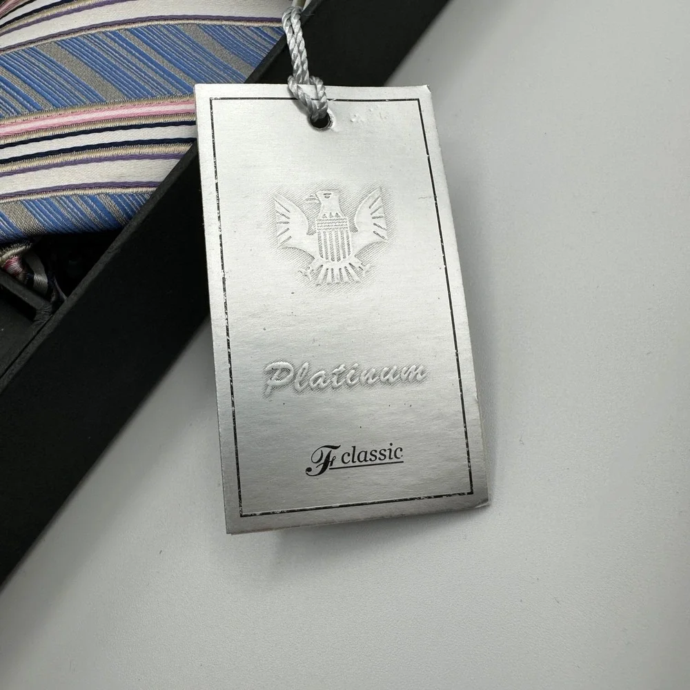 Handmade Italian 100% Silk Tie Set Blue Stripe Necktie Cufflinks Tie Clip Square